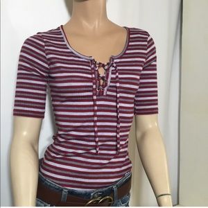 Ultraflirt quarter length sleeves striped top w/criss-cross. Size M